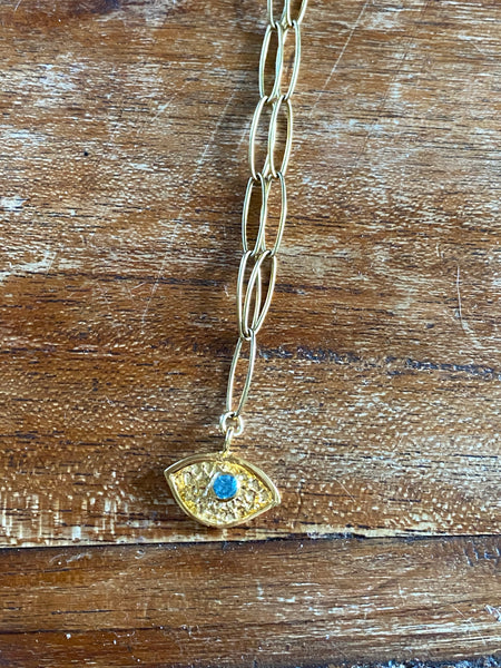 Gold evil eye pendant with blue gemstone long paper clip chain