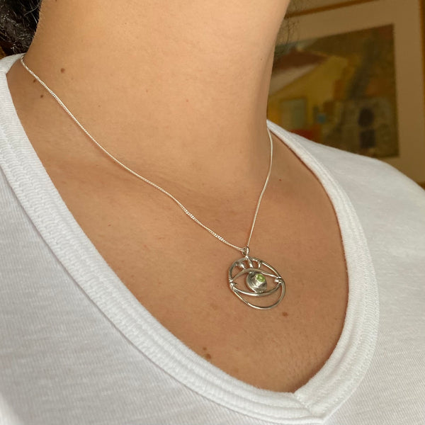 Large evil eye pendant, peridot pendant, silver eye pendant silver chain, eye jewelry