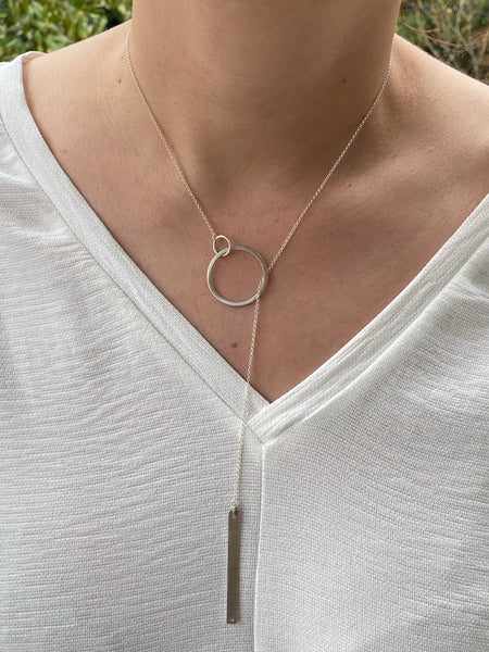 Lariat necklace circle and bar silver necklace 