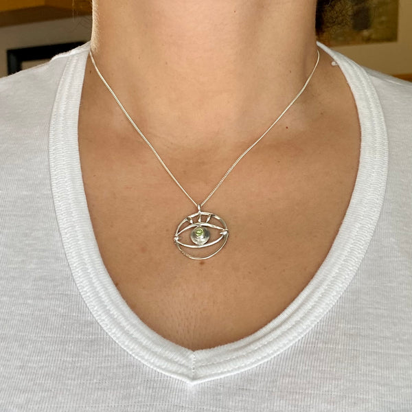 Large evil eye pendant, peridot pendant, silver eye pendant silver chain, eye jewelry