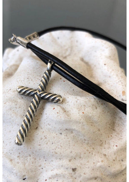 Sterling silver rope cross with leather cord 