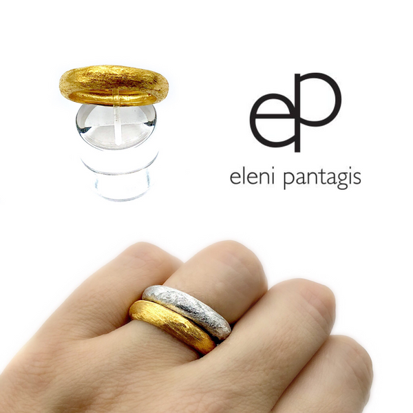 Gold silver stacking band, Textured band ring, Gold stacking ring - Handmade with Love - Eleni Pantagis