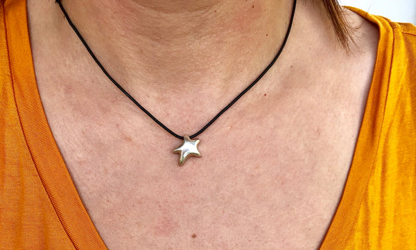 Silver star necklace with leather adjustable cord 