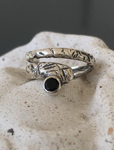 Black gemstone ring, adjustable silver ring 