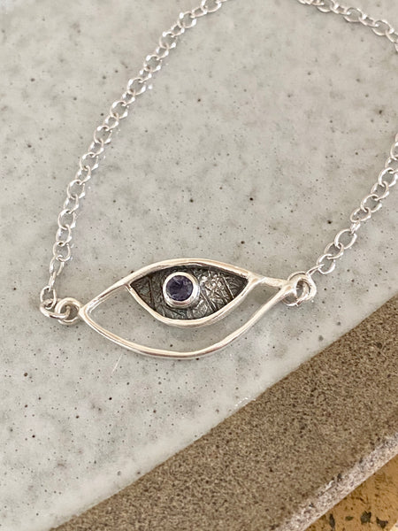 eye bracelet, silver eye bracelet with blue iolite stone, evil eye bracelet 