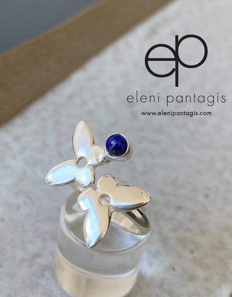 Silver butterfly ring, butterfly ring with gemstone blue lapis ring