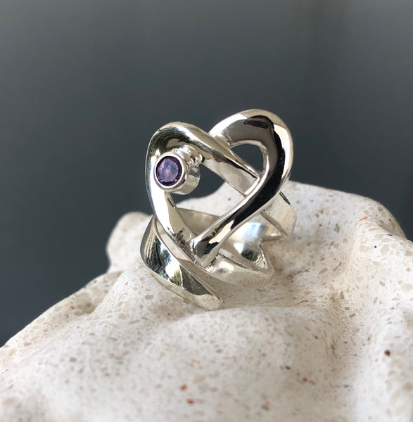 Heart ring, contemporary silver heart amethyst stone, adjustable heart ring 