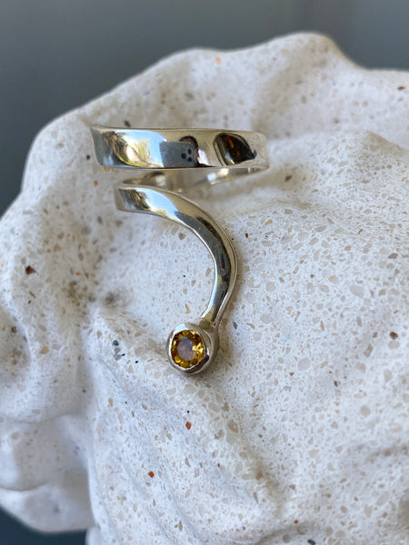 citrine silver wave ring, citrine ring, November birthstone silver ring 