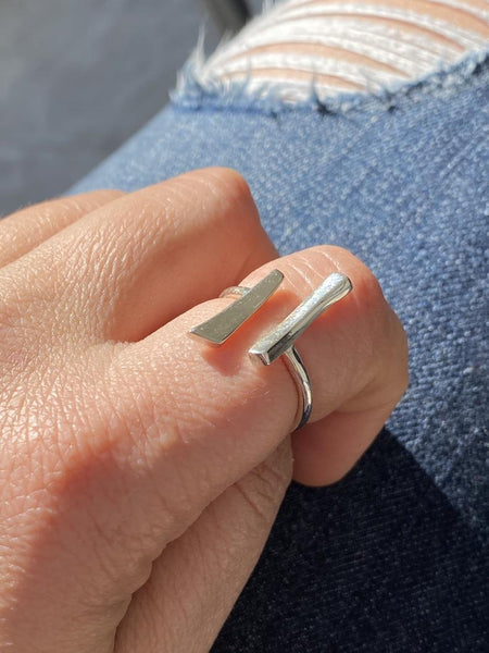 Parallel bar ring, silver adjustable ring 