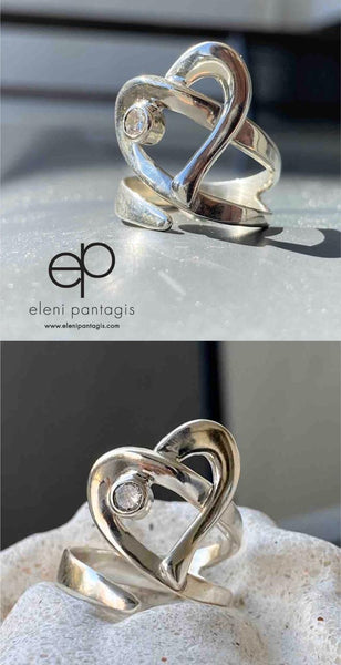 Heart ring, contemporary silver heart ring zircon stone, adjustable heart ring 