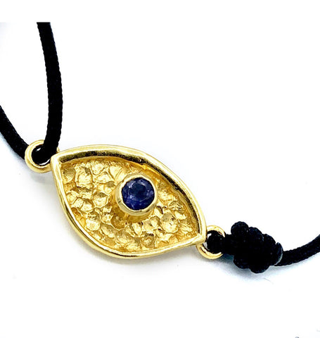 Gold plated evil eye bracelet, blue iolite stone, evil eye small bracelet 