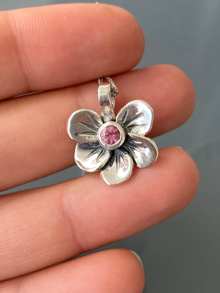 flower pendant, pink tourmaline silver necklace, poppy flower necklace 