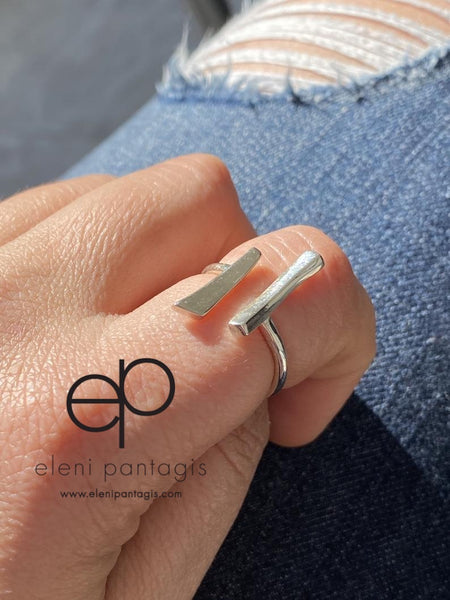 Parallel bar ring, silver adjustable ring 