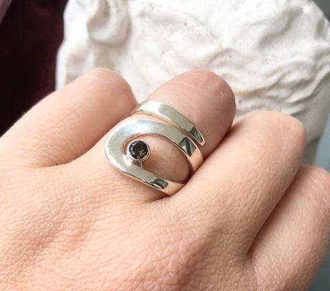 Smoky quartz silver adjustable ring, drop shape silver ring, modern ring 