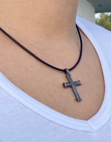 Men's black cross necklace with leather cord