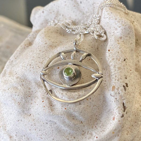 Large evil eye pendant, peridot pendant, silver eye pendant silver chain, eye jewelry 