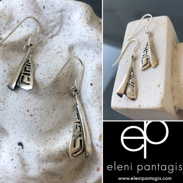 Greek earrings silver, dangling silver earrings triangle shape 