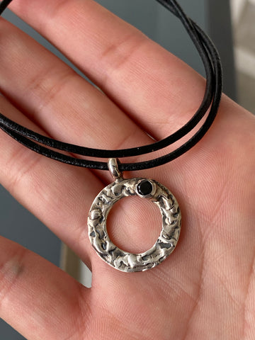 Circle pendant with black gemstone silver necklace, handmade circle necklace