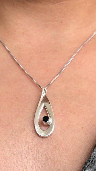 black spinel pendant drop pendant, silver pendant silver chain 