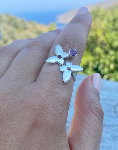 silver butterfly ring, adjustable butterfly ring amethyst ring