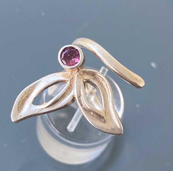 flower ring, pink tourmaline silver ring, contemporary silver ring adjustable 