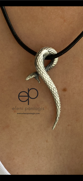 Silver snake pendant, large snake pendant with leather 