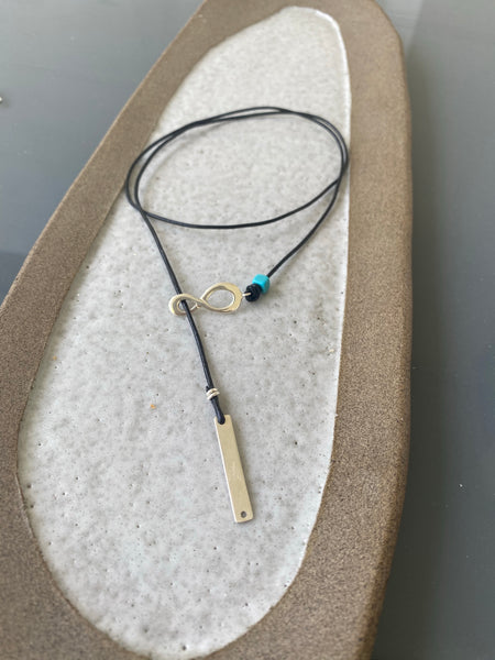 Silver Lariat necklace eternity and bar black leather necklace with turquoise stone