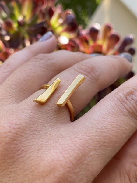 Gold Parallel bar ring, silver adjustable ring