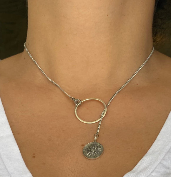 Lariat necklace silver circle with Macedonian star greek necklace