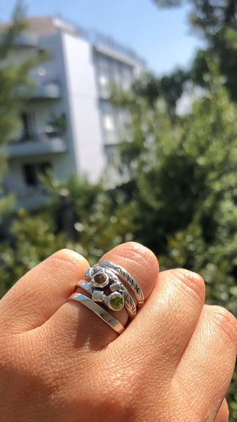 spiral silver ring with citrine and peridot stones, silver adjustable ring 
