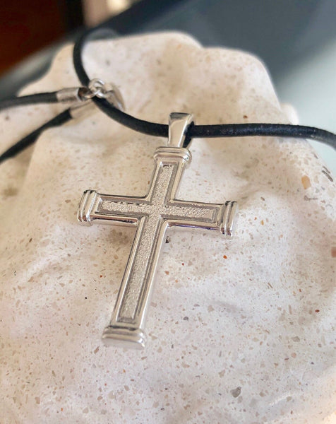 Men's cross necklace with leather cord, white rhodium plated sterling silver cross 