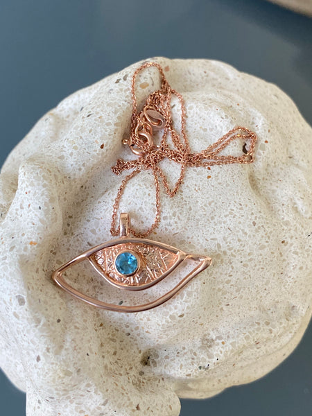 Evil eye necklace rose gold, sterling silver blue topaz gemstone pink evil eye