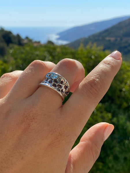 Silver ring blue topaz gemstone ring, lunar ring