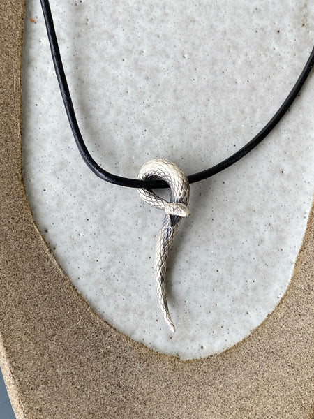 Silver snake pendant, large snake pendant with leather 