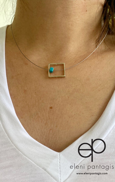 Silver square necklace with turquoise on a stainless steel wire