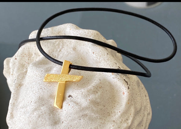 Gold plated Silver cross necklace with leather rope, textured silver cross, silver cross pendant