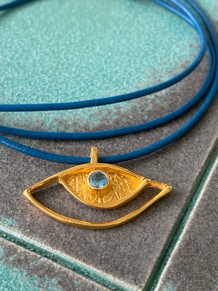 Evil eye pendant gold, sterling silver blue topaz gemstone evil eye 