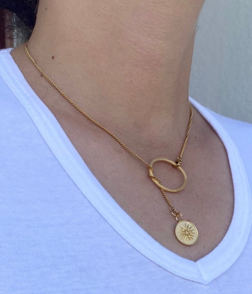 Lariat necklace gold circle with Macedonian star greek necklace