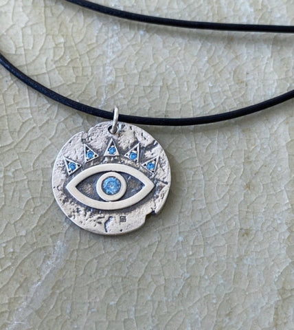 Evil eye necklace coin, evil eye with blue gemstones 