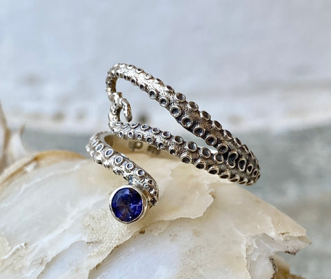 octopus ring silver dark blue gemstone ring