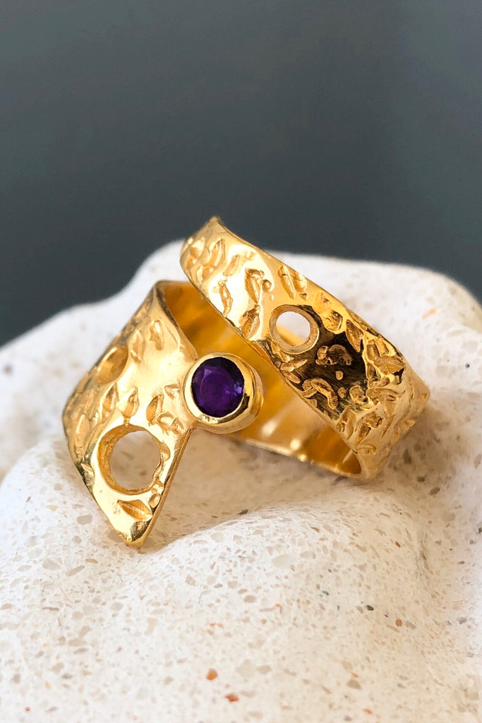 Wide spiral silver ring amethyst gemstone ring gold plated 