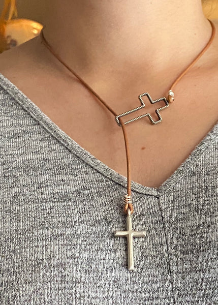 Lariat Silver cross necklace, 2 large silver crosses with brown leather cord