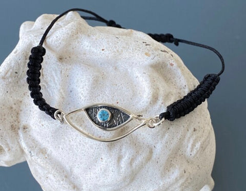 eye bracelet, silver eye bracelet with blue topaz stone, evil eye bracelet