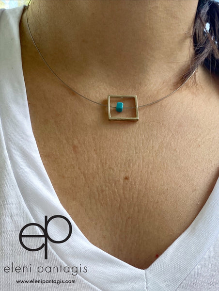 Silver square necklace with turquoise on a stainless steel wire