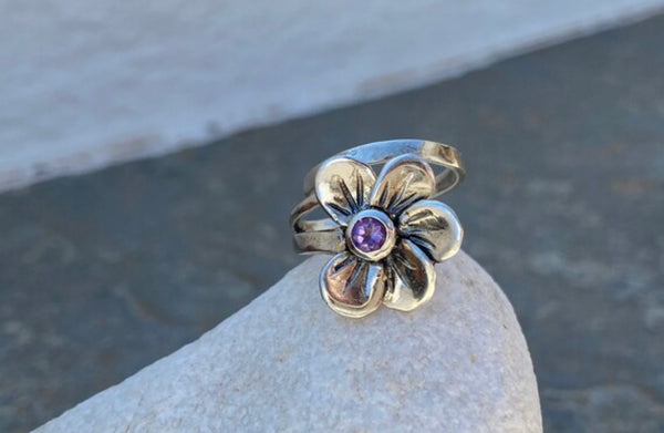 poppy flower ring, amethyst silver ring, silver ring adjustable