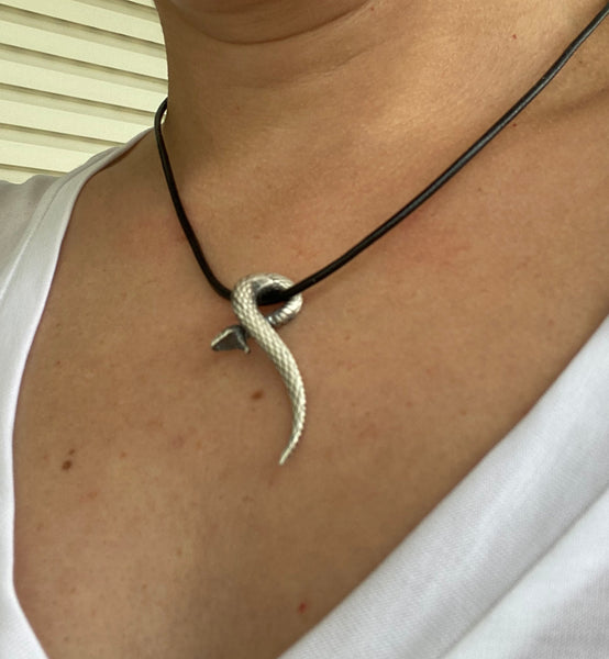 Silver snake pendant, large snake pendant with leather 