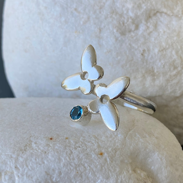 Silver butterfly ring, butterfly ring with gemstone blue topaz ring