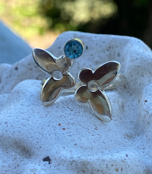 Silver butterfly ring, butterfly ring with gemstone blue topaz ring