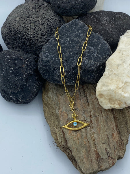 evil eye necklace gold paper clip chain choker