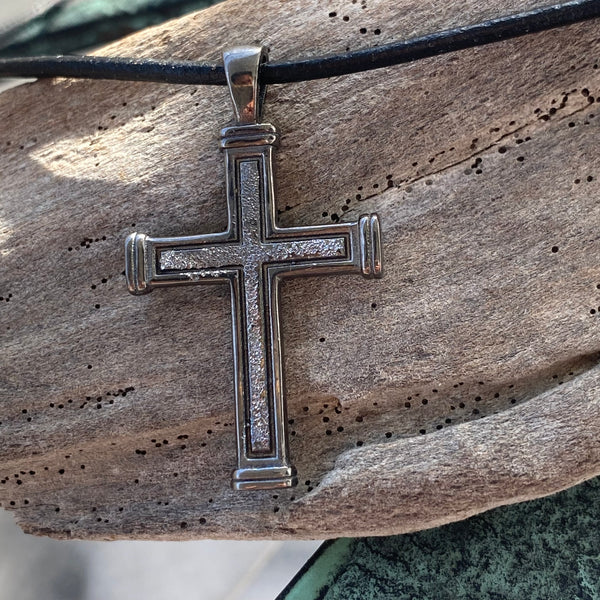 Men's black cross necklace with leather cord